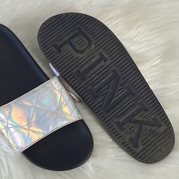 Victoria's Secret PINK Silver Rainbow Holographic Metallic Slide Slip-On Sandals - Picture 12 of 17